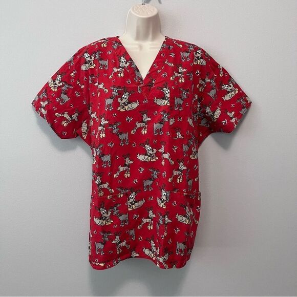 Comfy Cottons Red Christmas Holiday Scrub Top Size L - Picture 1 of 6